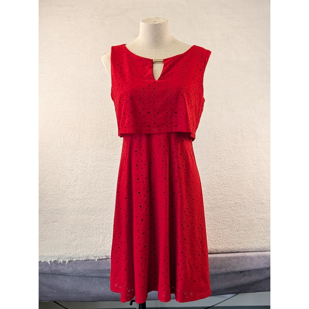 Alfani Petite Red Eyelet Popover Dress Gold Bar Keyhole Sleeveless 6P